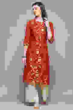 Red Polyester Straight Kurta image number 0