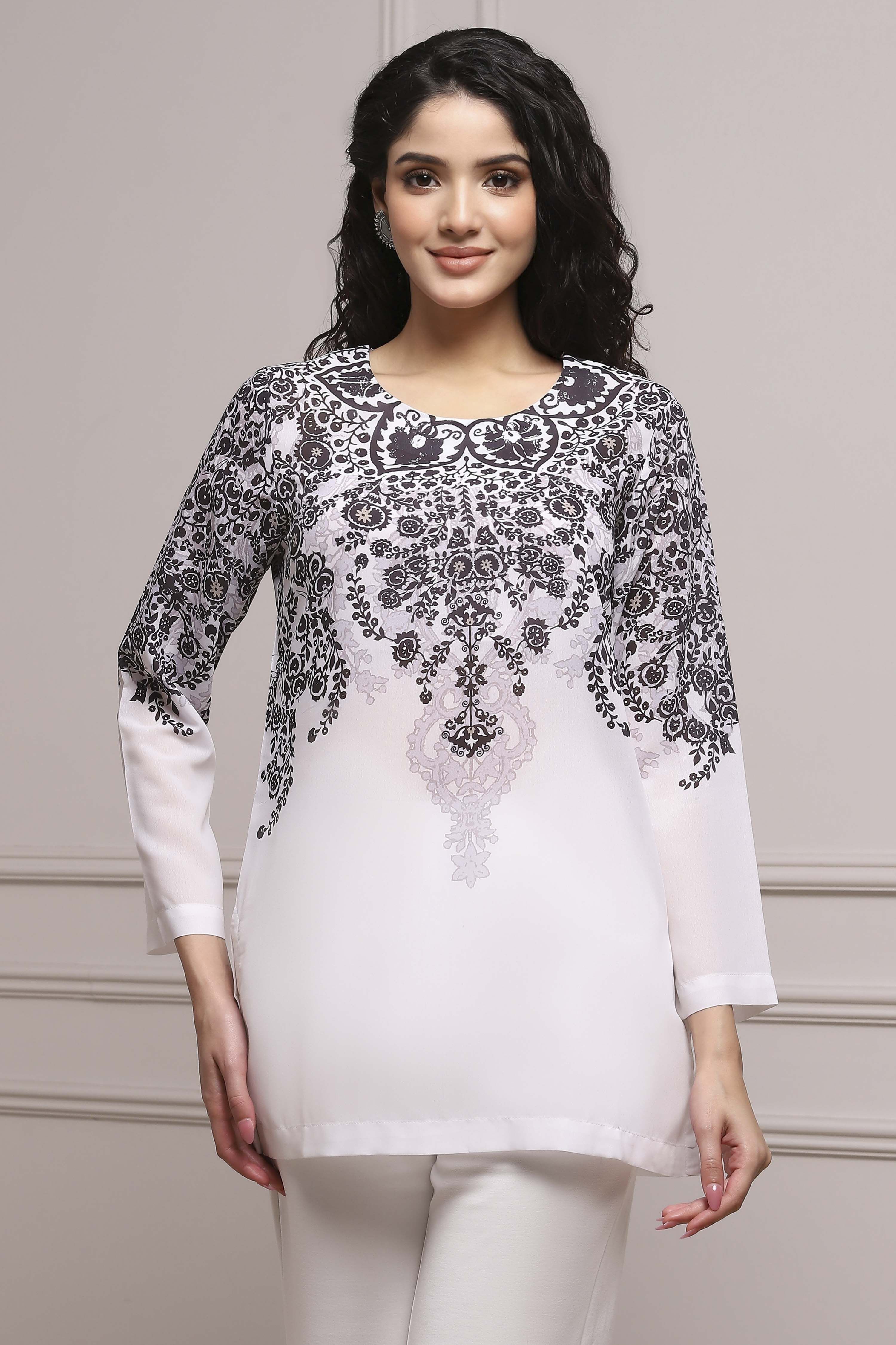 Black and White Art Silk Printed Straight Short Kurta image number 5