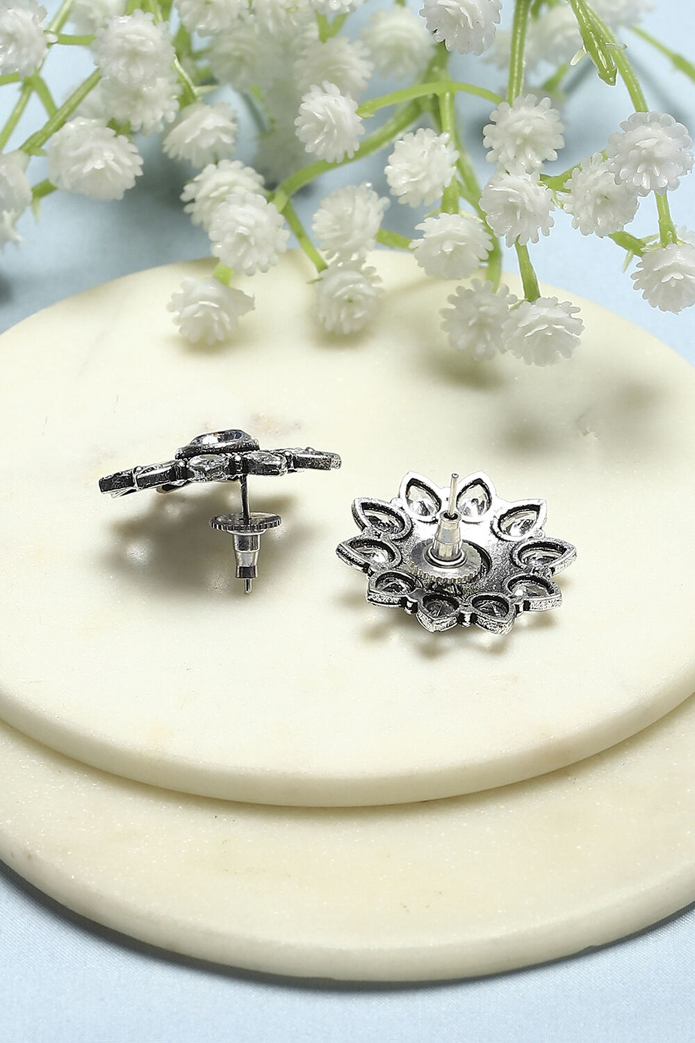 White Oxidised Stone Studded Floral-Shaped Studs image number 2