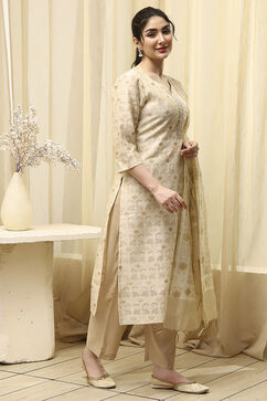 Beige Chanderi Jamdani Unstitched Suit Set image number 6