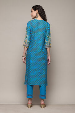 Turquoise Cotton Straight Printed Kurta Ankle Length Suit Set image number 4