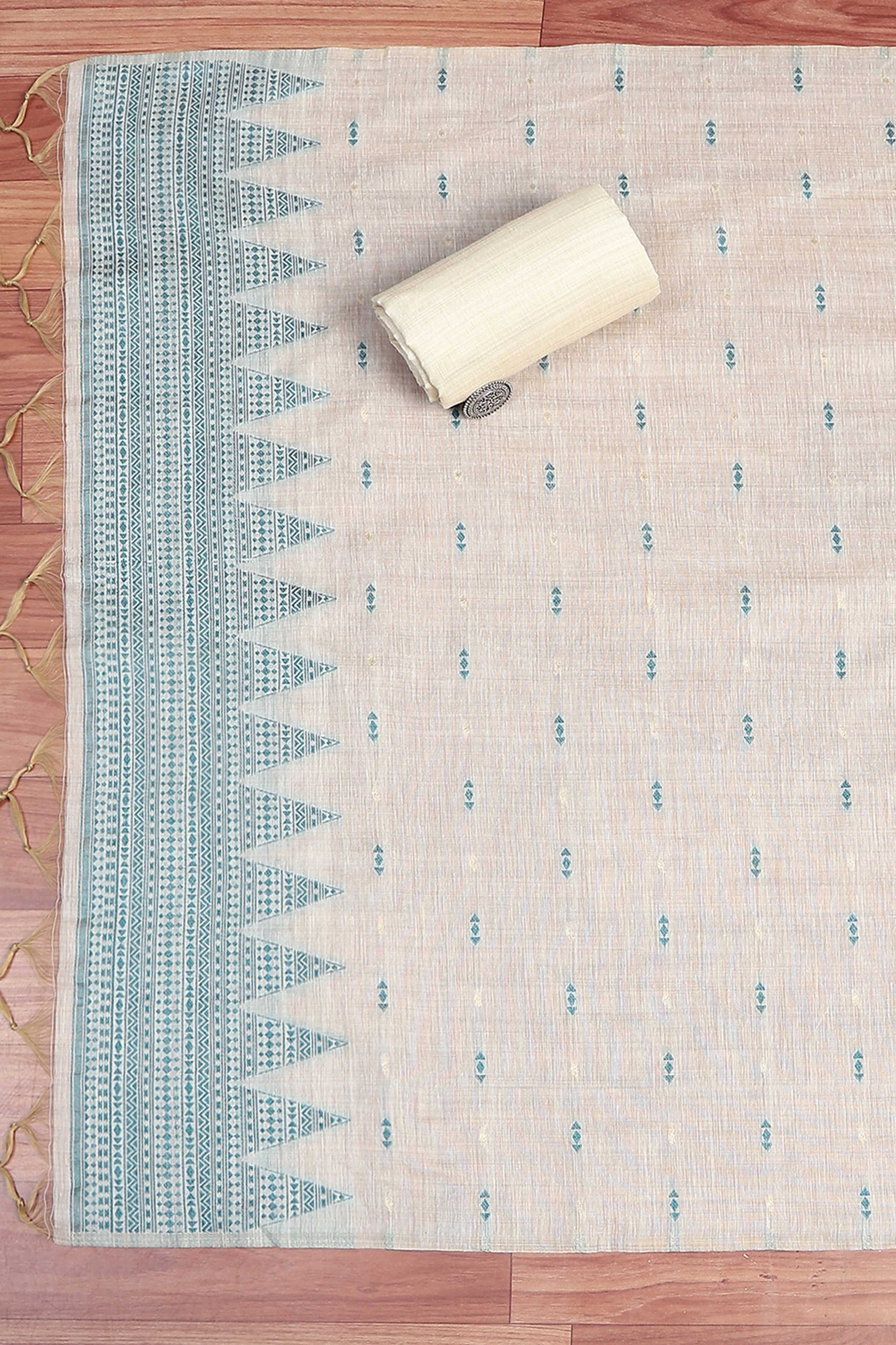 Teal Chanderi Printed Unstitched Suit Set image number 3