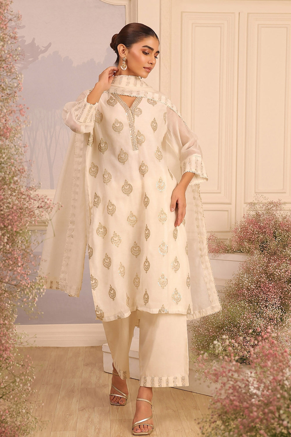 Off-White Chanderi Embroidered Straight Suit Set image number 0