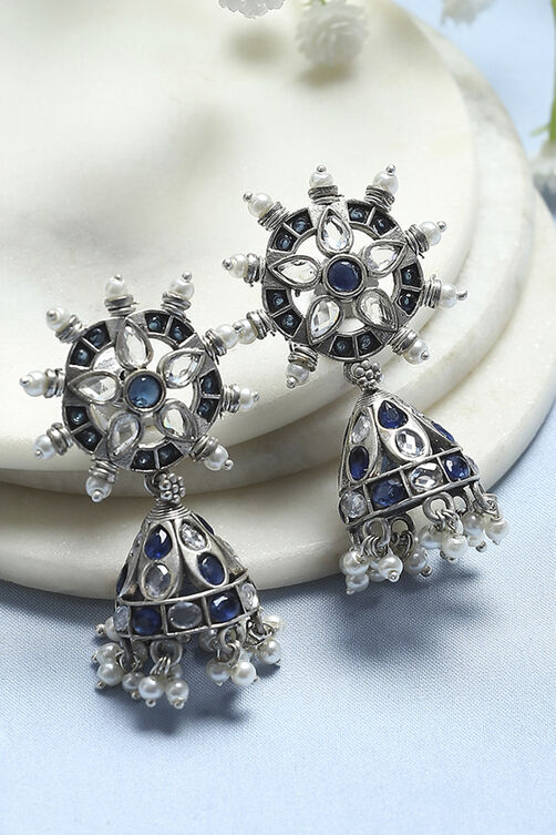 Blue White Brass Jhumka image number 0