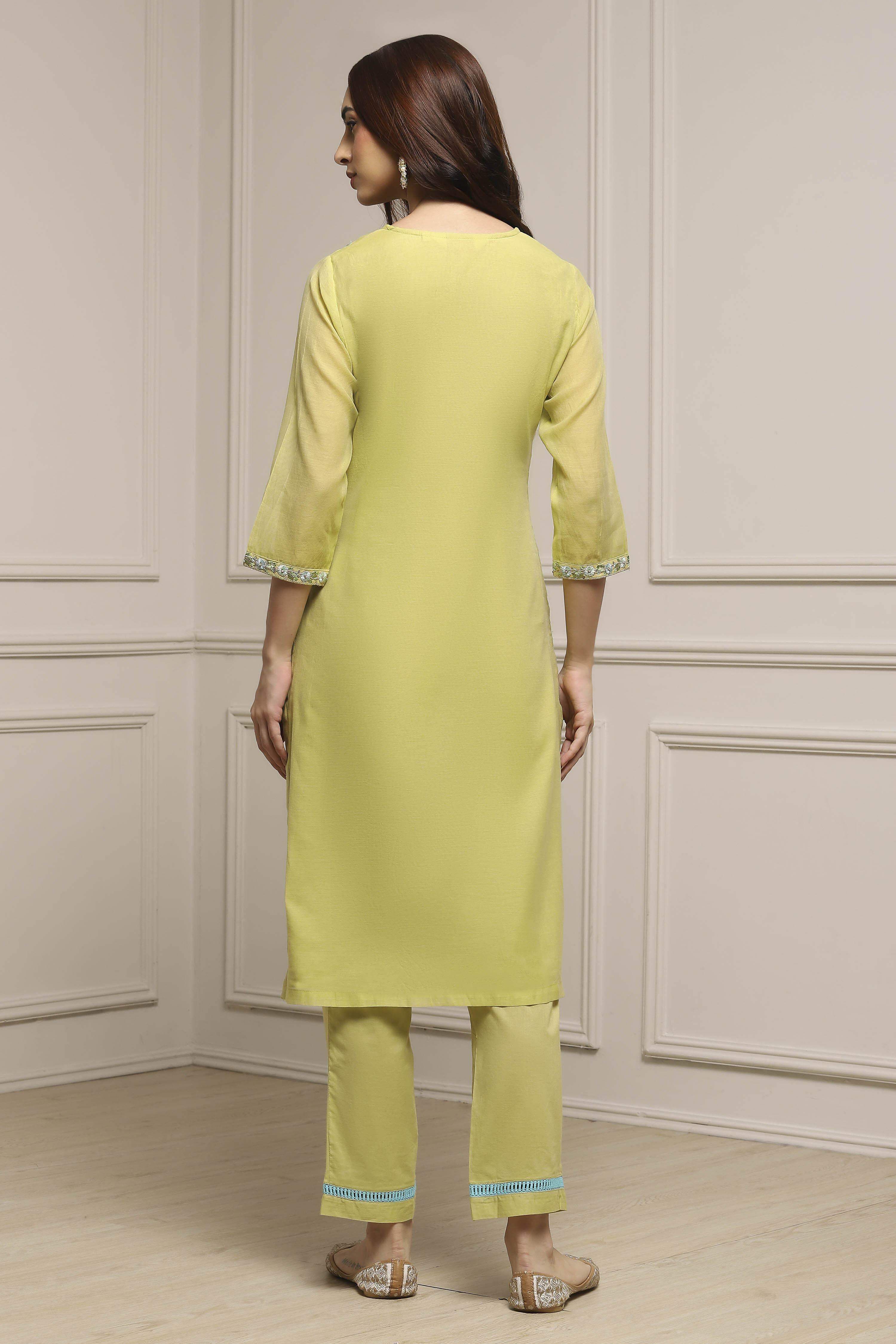 Sage Green Art Silk A-Line Kurta Regular Pant Suit Set image number 4