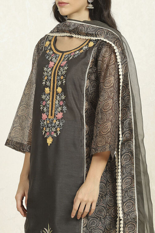 Teal Chanderi Unstitched Suit Set image number 2