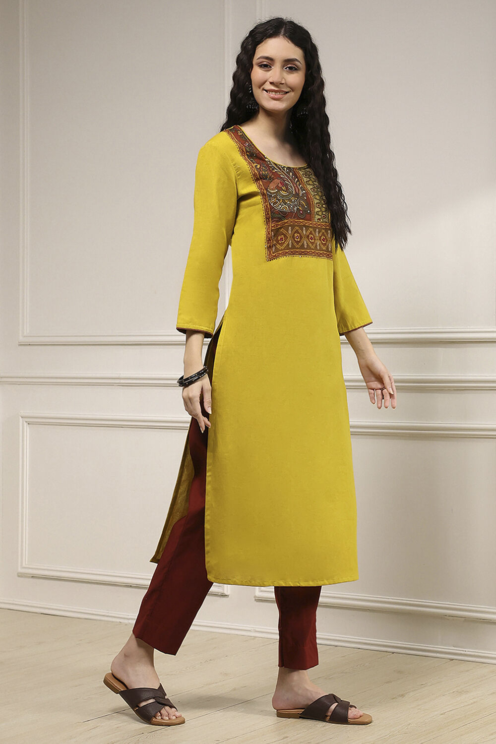 Yellow Cotton Hand Block Print Unstitched Suit Set image number 6