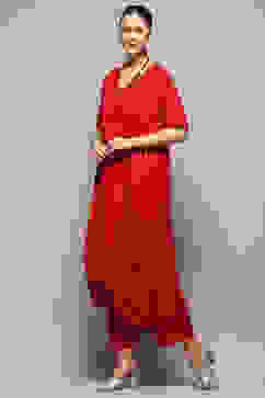 Burgundy Asymmetric Solid Kurta Set image number 3