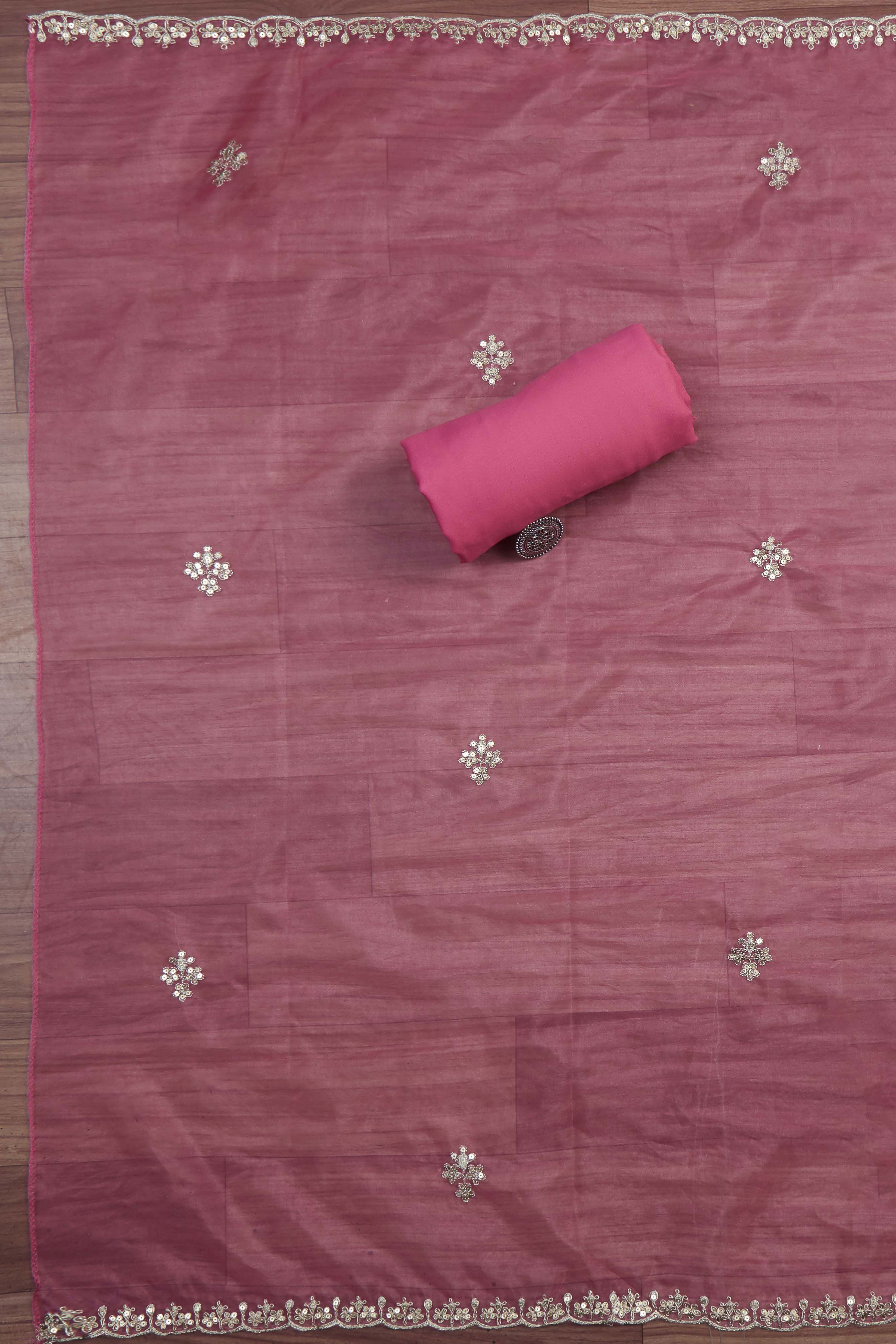 Old-Rose Organza Rajasthani Print Unstitched Suit Set image number 3