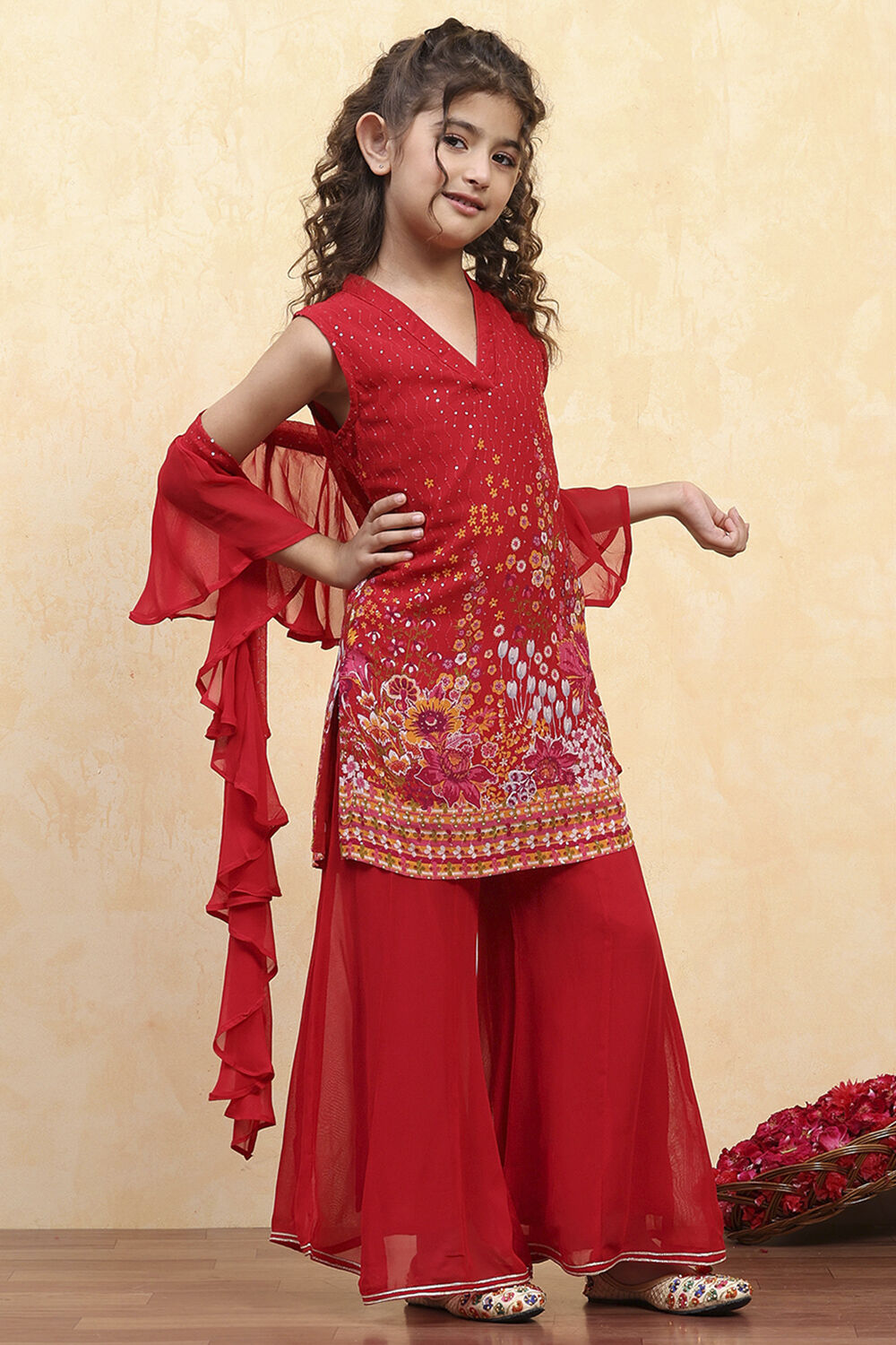 Red Viscose Rayon Printed Straight Sharara Suit Set image number 6