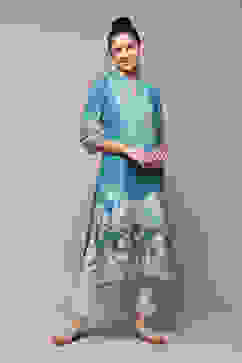 Teal Cotton A-Line Printed Kurta image number 0