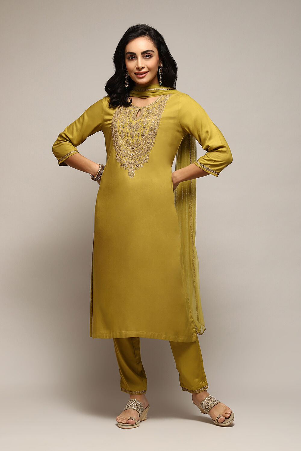 Lime Green LIVA Gathered Kurta Ankle Length Suit Set image number 7
