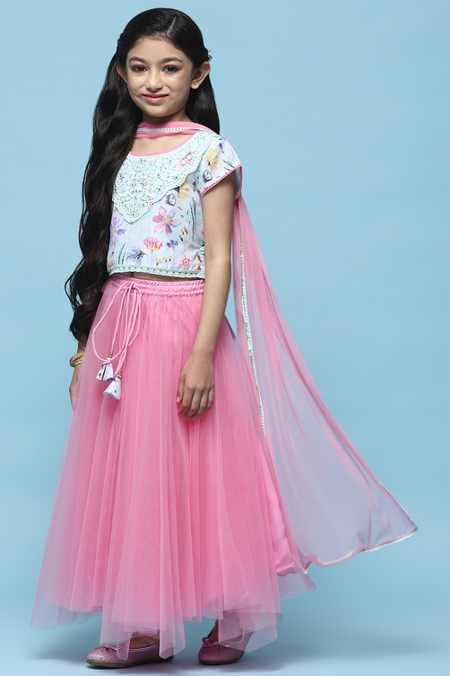 Pink Net Lehenga With Cotton Floral Blouse & Net Dupatta image number 4