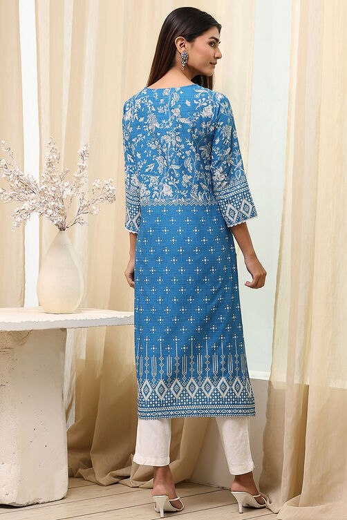Blue Cotton Printed Straight Kurta image number 3