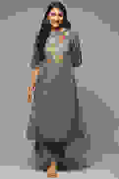 Grey Cotton Straight Kurta Palazzo Suit Set image number 6