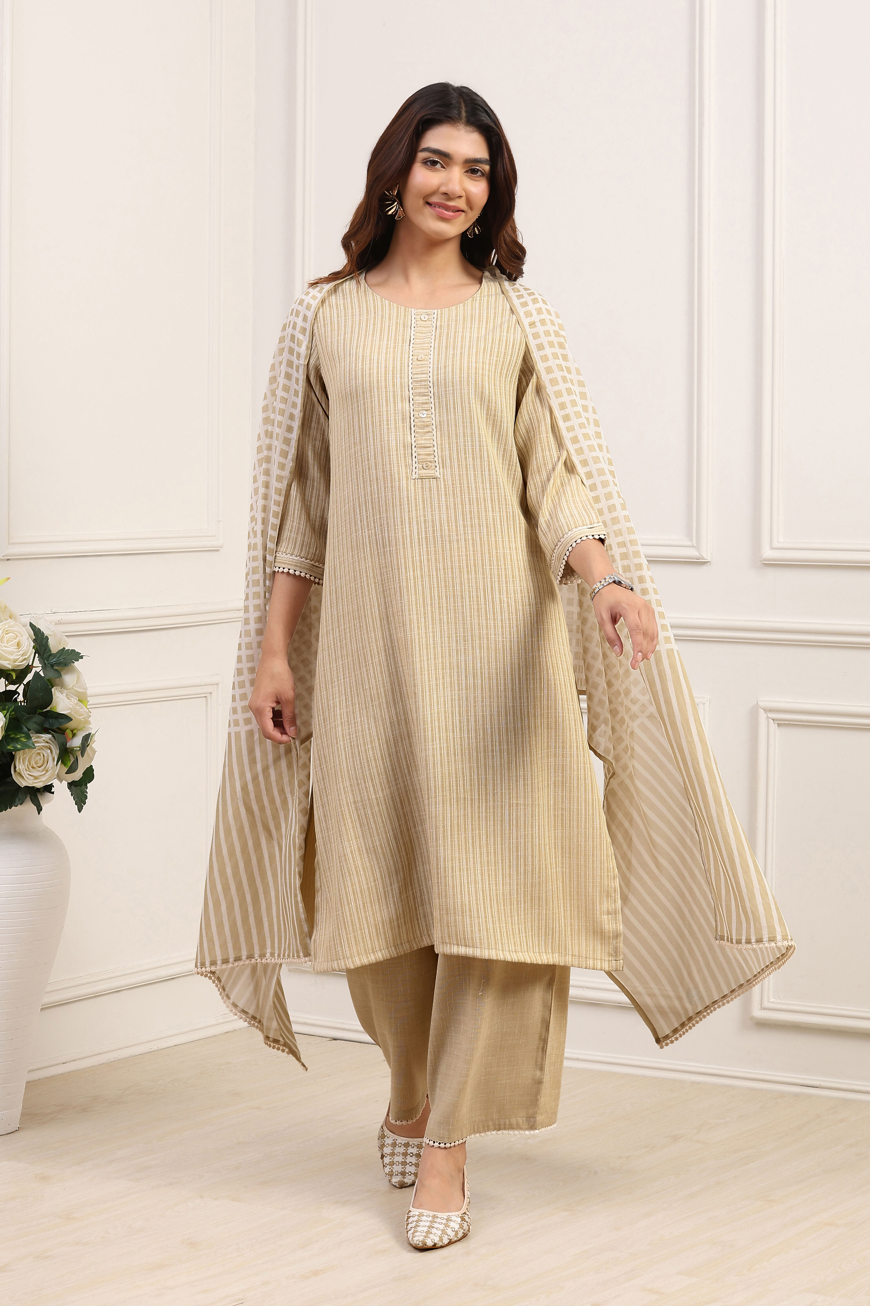 Pale-Yellow Voile Straight Kurta Palazzo Suit Set image number 6