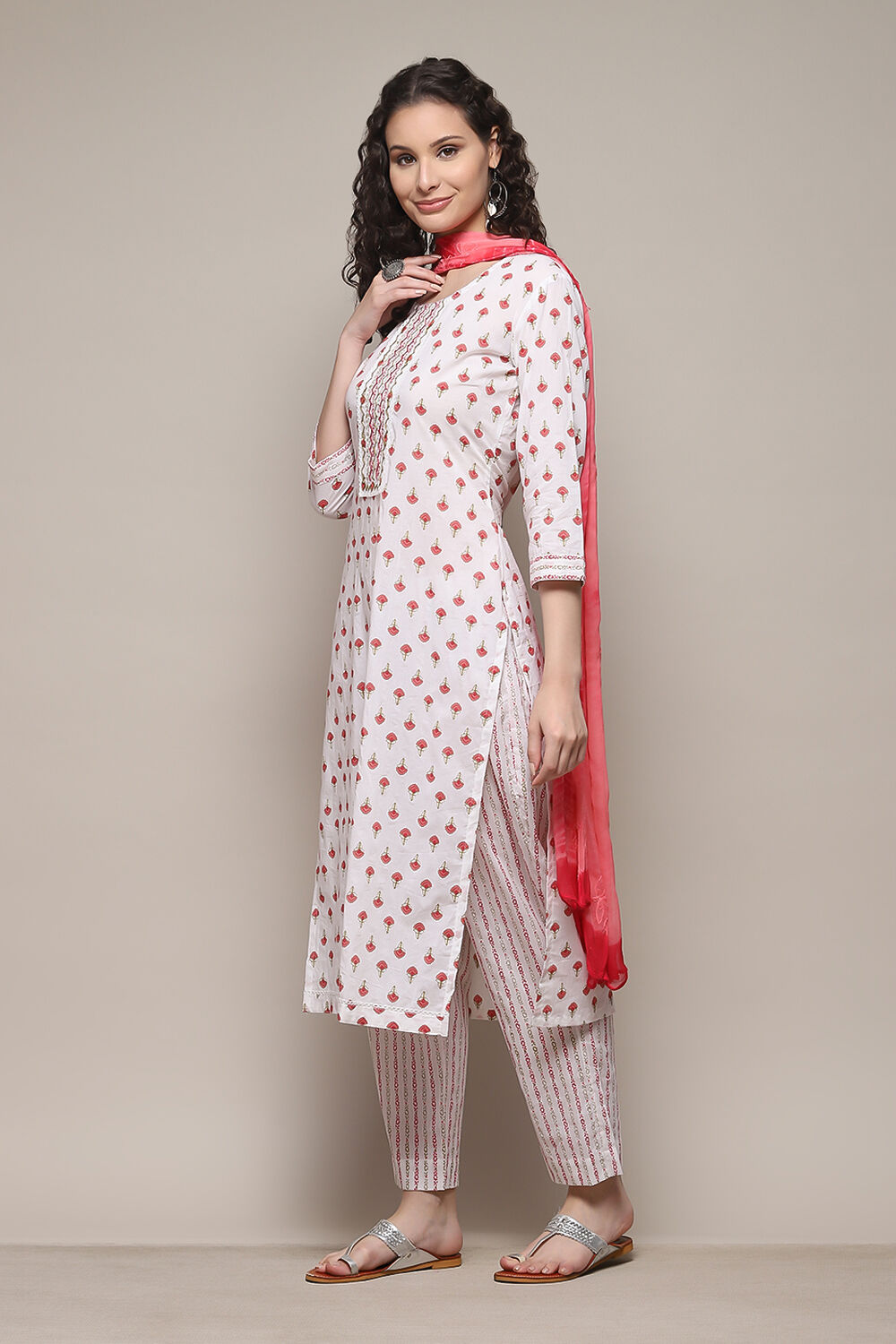 Pink Cotton Handloom Unstitched Suit Set image number 6