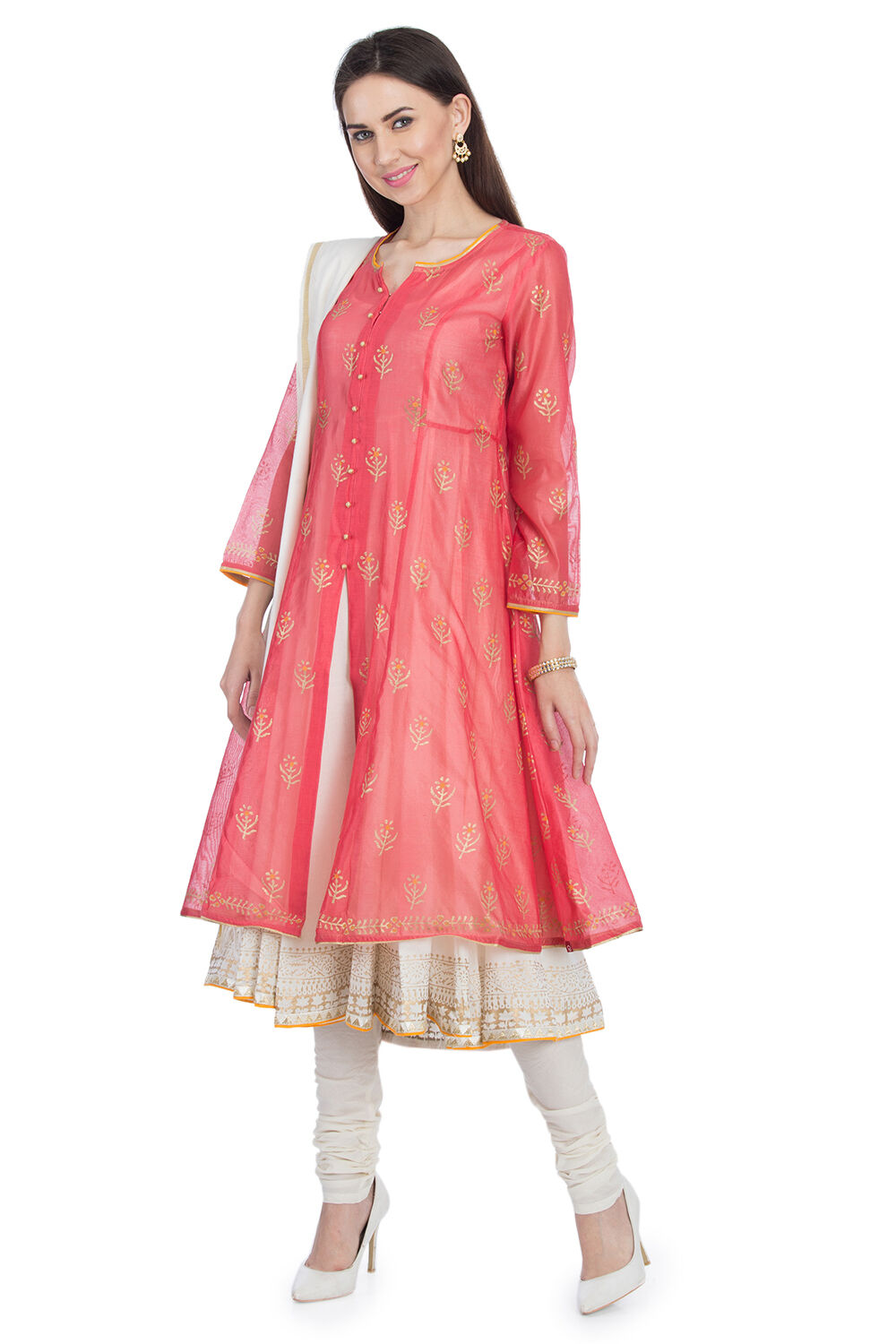 Coral Pink Front Open Cotton Kurta Churidar Suit Set image number 3