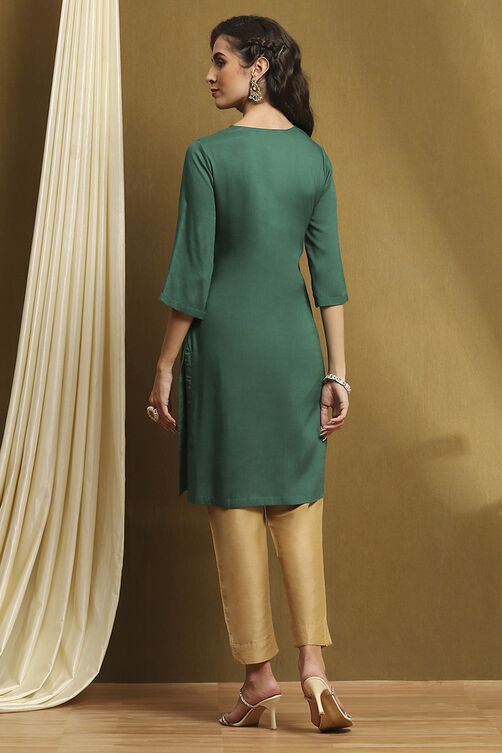 Bottle Green Solid Gathered Straight Kurta image number 3