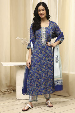 Royal Blue Cotton Screen Print Unstitched Suit Set image number 1