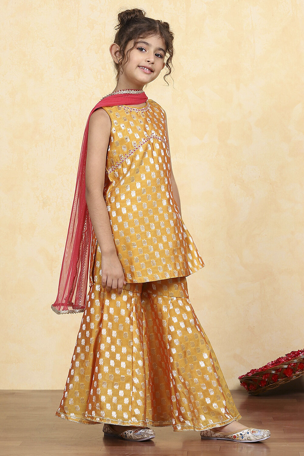 Yellow Brocade Yarndyed Fitted Sharara Suit Set image number 5