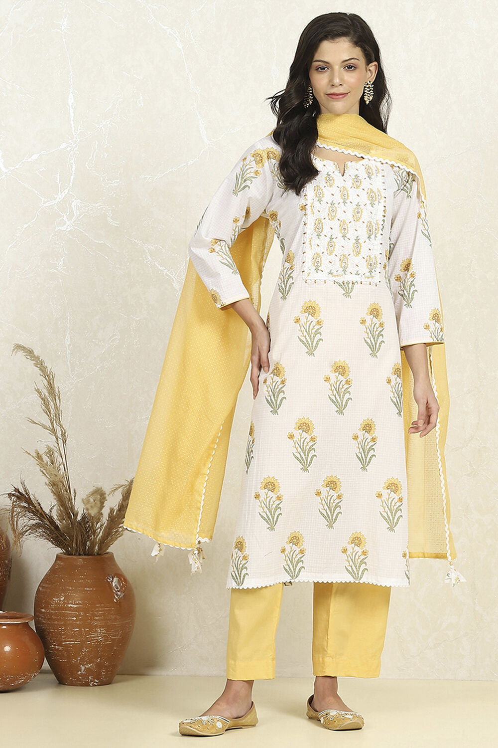 Yellow and White Printed Cotton Unstitched Suit Set image number 7
