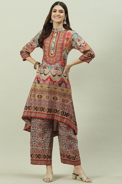 Beige Cotton Blend Asymmetric Printed Kurta Suit Set image number 0