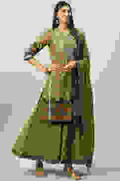 Olive Green Cotton Straight Kurta Sharara Suit Set image number 5