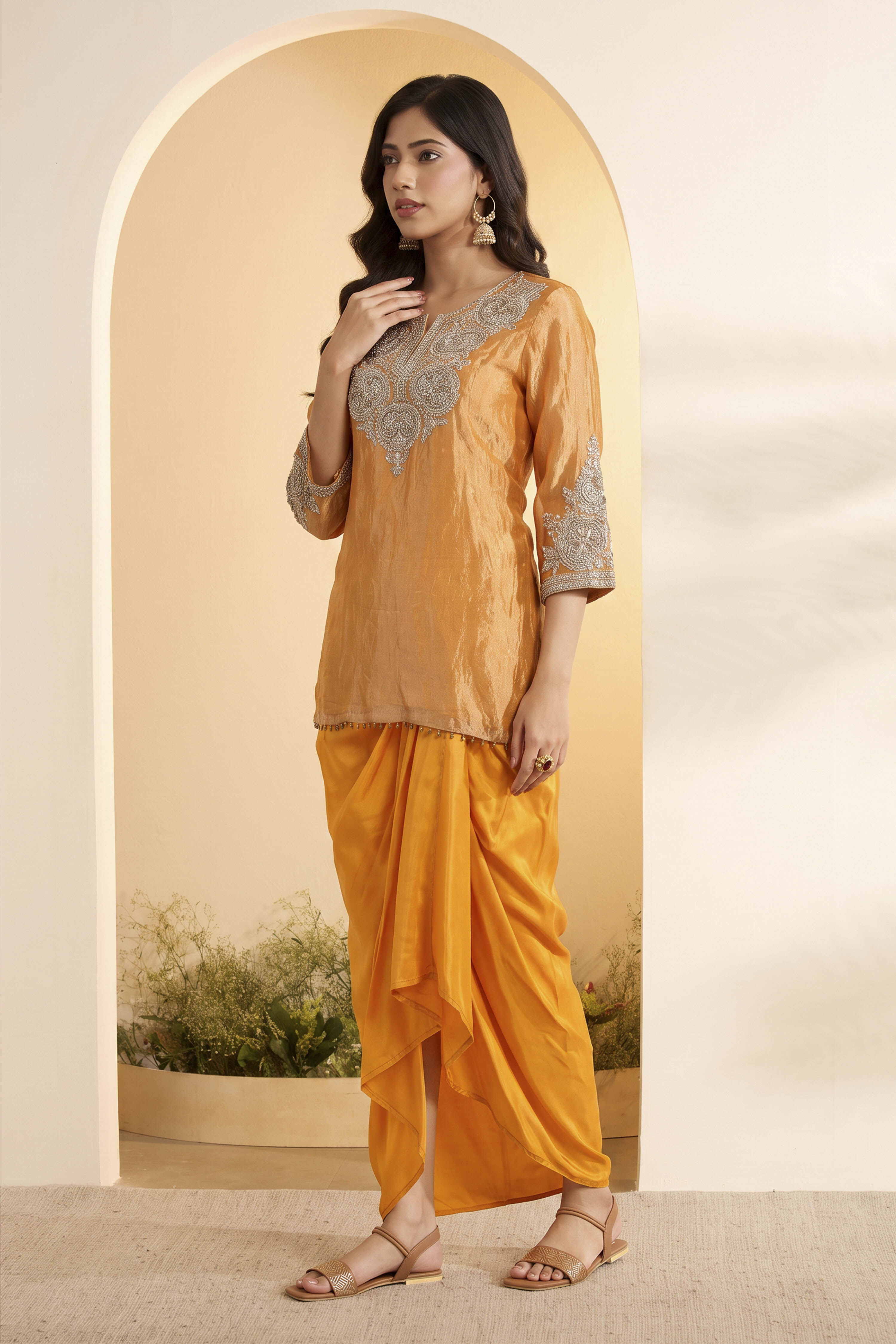 Orange Silk Tissue Embroidered Kurta with Drape Skirt image number 2