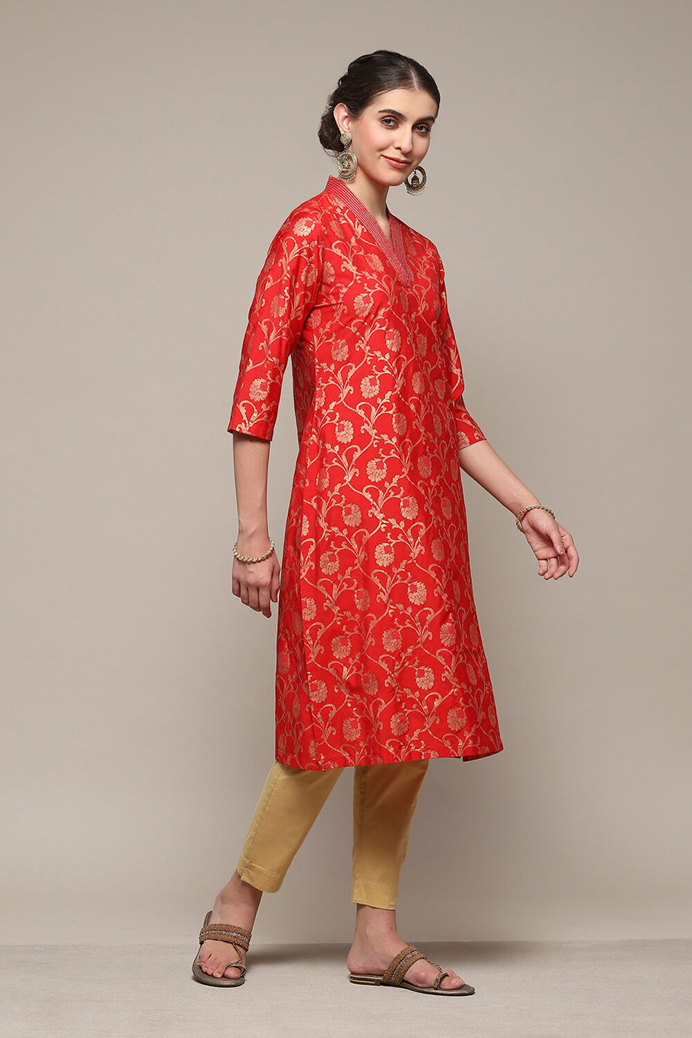 Red Poly Viscose Straight Printed Kurta image number 3