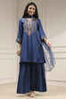 Navy Blue Embroidered Straight Suit Set image number 6
