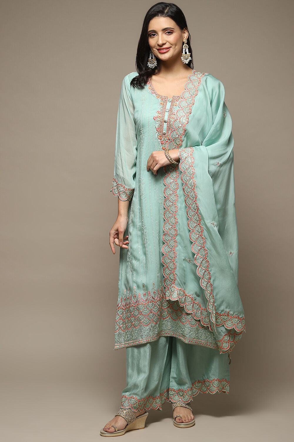 Turquoise Organza Machine Embroidered Unstitched Suit Set image number 8