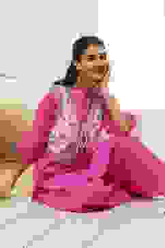 Pink and White Cotton Pathani Straight Kurta Set image number 0