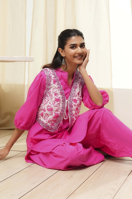 Buy Pink and White Cotton Pathani Straight Kurta Set Online at
