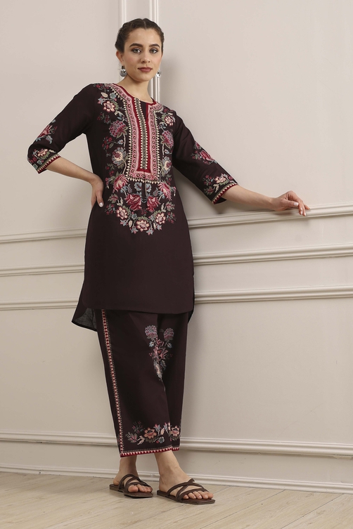 Brown Cotton Straight Printed Kurta Pants Set - Main Image