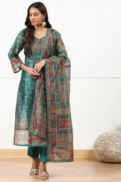 Teal Chanderi Floral Printed Unstitched Suit Set image number 1