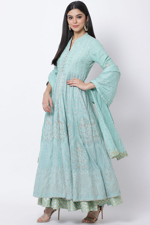 Mint Green Cotton Anarkali Kurta Lehenga Suit Set image number 2