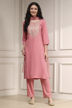 Pink Embroidered Straight Suit Set image number 6