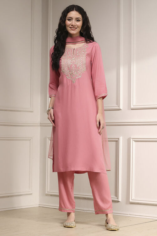Pink Embroidered Straight Suit Set image number 6
