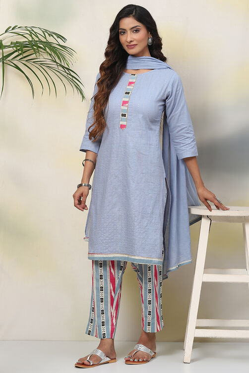 Blue Cotton Unstitched Dress Material Suit Set image number 0