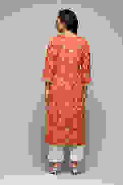 Orange LIVA Straight Printed Kurta image number 4