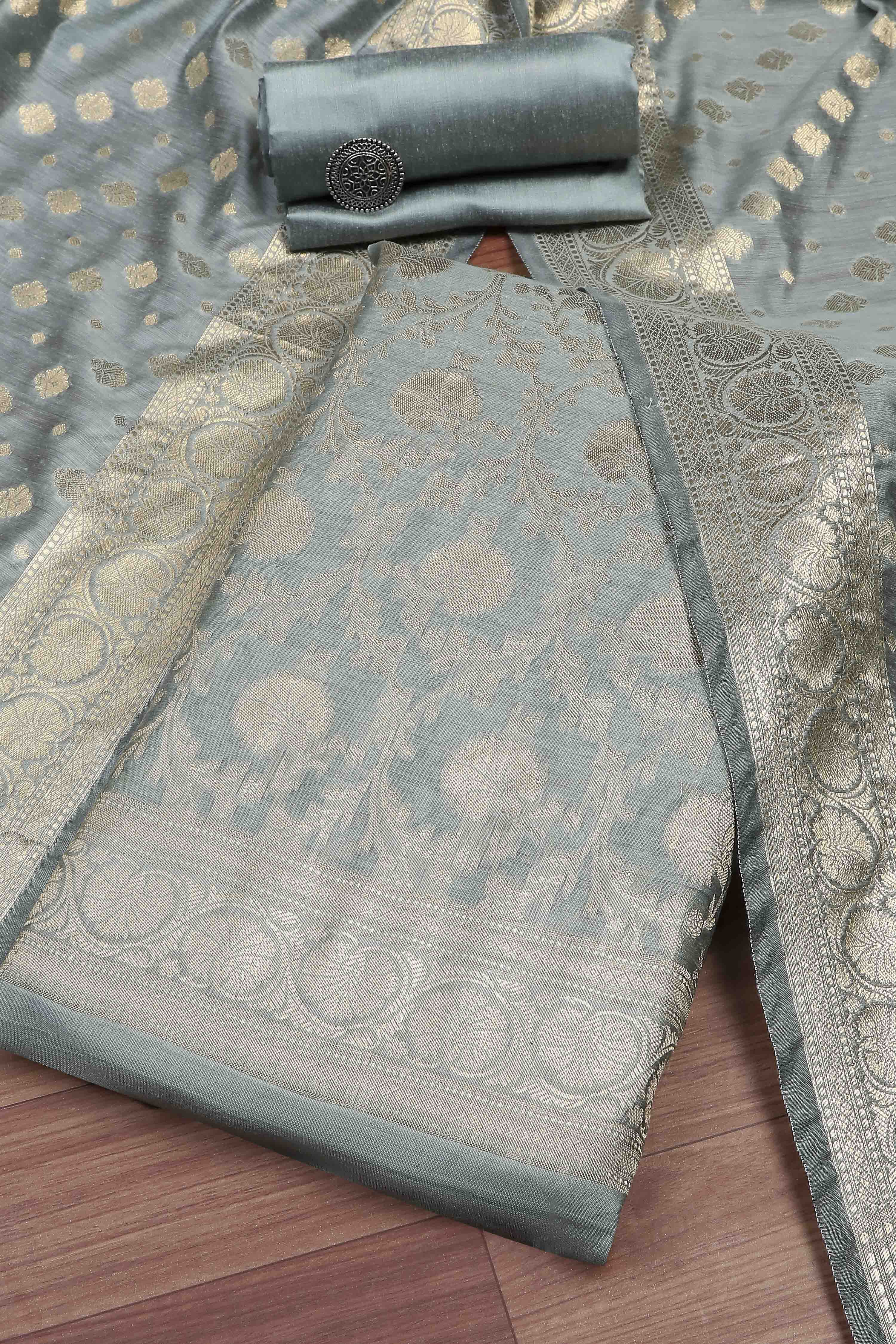 Dusty Mauve Banarasi Chanderi Banarasi Print Unstitched Suit Set image number 0