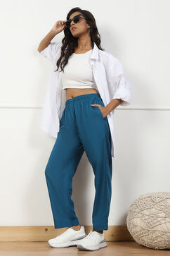 Blue Solid Mid-Rise Regular Fit Pants image number 6