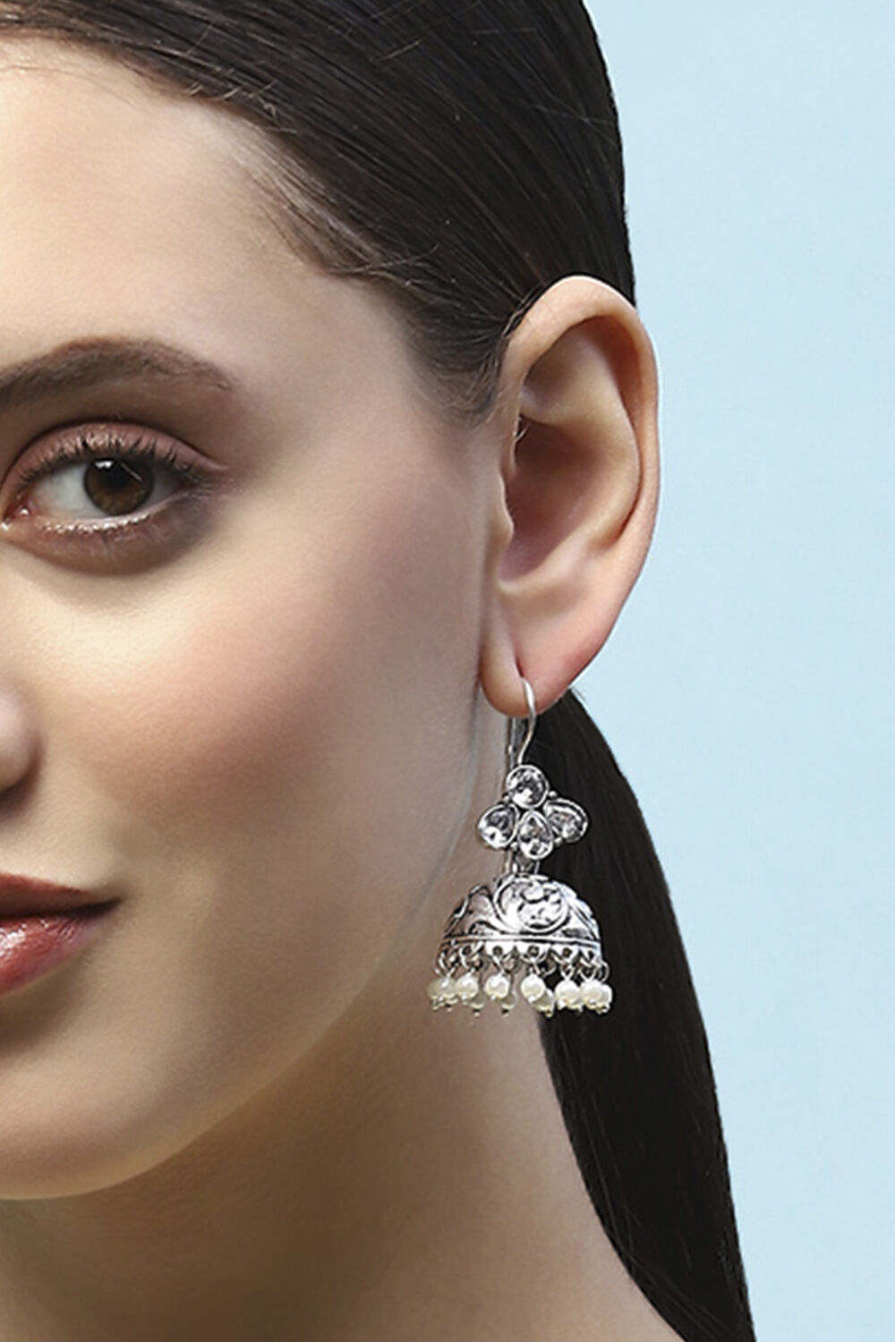 White Oxidised Stone Studded Everyday Jhumkas image number 3