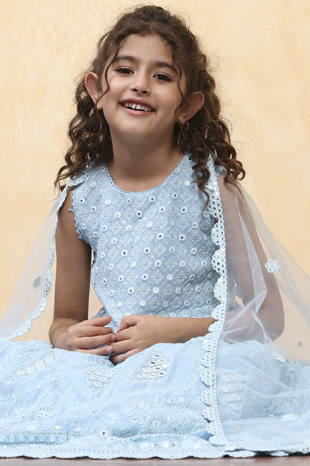 Blue Viscose Embroidered Kalidar Lehenga Set image number 0