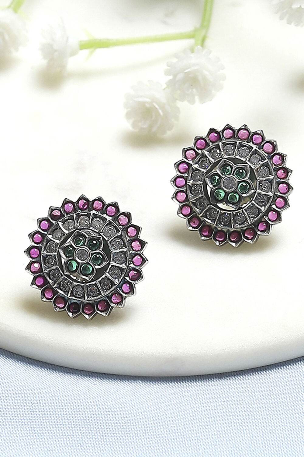 biba Pink and Green Oxidised Stone-Studded StudsPink and Green Oxidised Stone-Studded Studs-picture-455