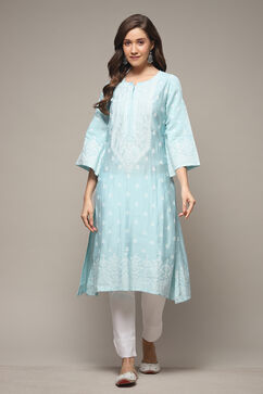 Blue Viscose Straight Printed Kurta image number 1