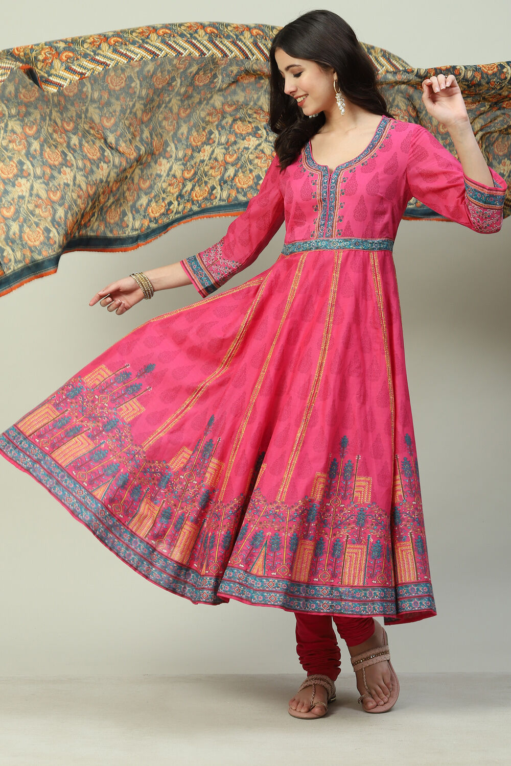 Fuschia Cotton Anarkali Kurta Churidar Suit Set image number 0