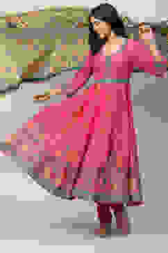 Fuschia Cotton Anarkali Kurta Churidar Suit Set image number 0