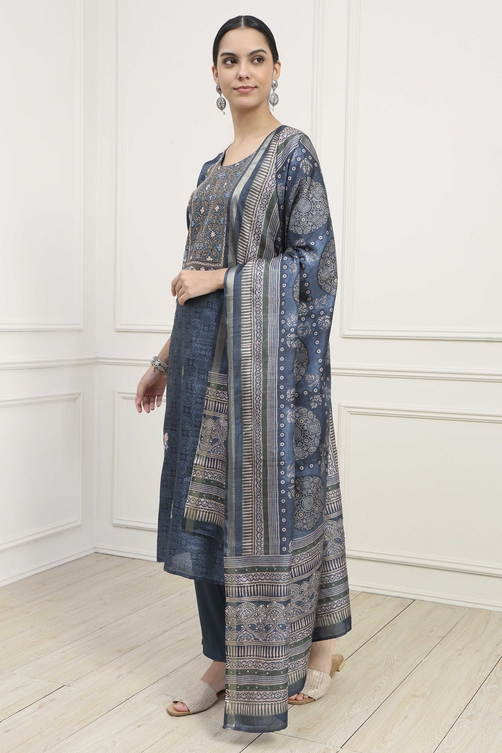 Mustard Silk Tussar Hand Embroidered Unstitched Suit Set image number 4